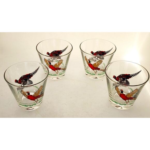 GLASSES/OLD FASHION/Vintage Pheasant-MCM-Hunting Barware-Red Gold-Set of 4 - Picture 12 of 14